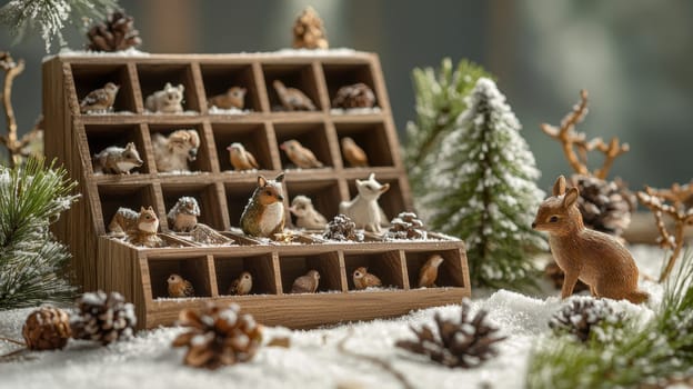 Nature-themed advent calendar features wooden compartments revealing tiny handcrafted forest animals. snow-dusted pine branches and rustic elements enhance the charming, holiday-inspired setup, perfect for seasonal decorations or gift ideas.