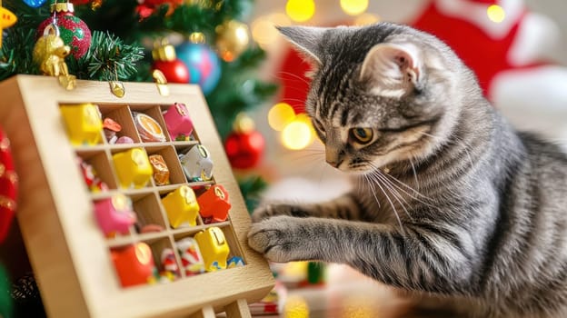 A curious cat interacts with a pet-friendly advent calendar filled with treats and toys, set against a backdrop of holiday decorations including a christmas tree and gifts. warm lighting enhances the festive mood, creating a joyful scene.