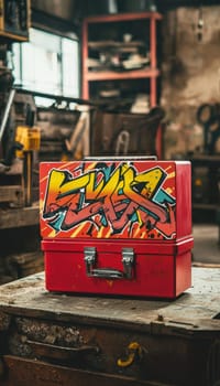 Vibrant urban graffiti sticker adhered to a bright red toolbox in a rugged workshop environment. the setting features tools and a textured, weathered backdrop, a blend of artistic expression and industrial utility.