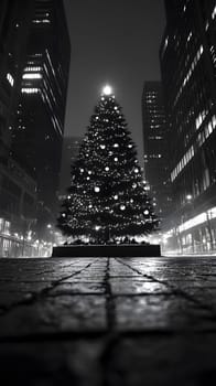 A beautifully lit Christmas tree in a cityscape at night.