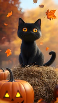 A black cat sits on hay amidst pumpkins and autumn leaves.