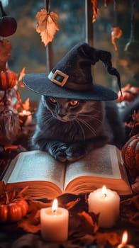 A black cat in a witch's hat sits by a book and candles.