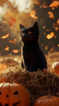 A black cat sits on hay surrounded by pumpkins and autumn leaves.