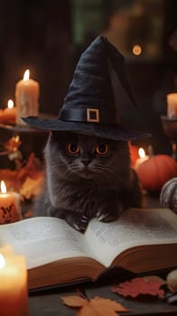 A cat in a witch hat sits on an open book surrounded by candles.