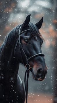 A close-up of a black horse's head in a snowy environment.
