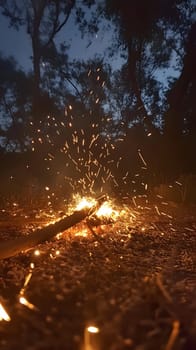 A close-up of a glowing campfire with sparks flying in the night.