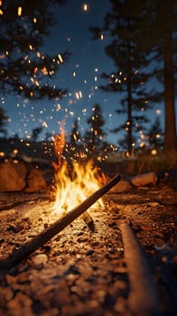 A cozy campfire surrounded by trees, glowing at night.
