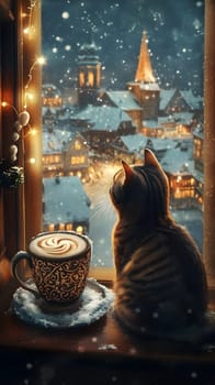 A cozy winter scene with a cat and a warm drink by the window.