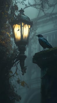A crow perched by a glowing lantern in a misty, atmospheric setting.