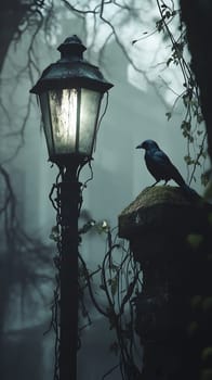 A crow perched on a lamp post in a misty, atmospheric setting.
