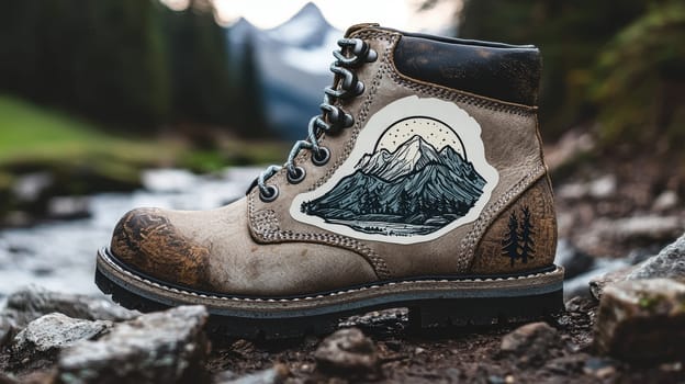A realistic die-cut sticker with a mountain design is showcased on a rugged hiking boot. it is photographed outdoors on a rocky trail, capturing the spirit of adventure and nature exploration against a scenic backdrop.