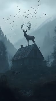 A deer with antlers stands atop a misty, abandoned house in nature.