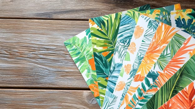 Vibrant tropical-themed sticker sheets on a rustic wooden table. soft natural light highlights lush green leaves and colorful patterns, perfect for creative projects, scrapbooking, or decorative purposes.