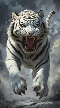 A fierce white tiger lunging forward with a powerful roar.
