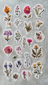 Collection of colorful watercolor-style butterfly and floral stickers on a textured canvas surface. ideal for enhancing crafting projects, diy activities, and creative designs. vivid details and soft hues inspire artistic creativity.