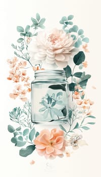 A rectangular sticker with soft pastel tones and elegant typography adorns a glass jar, surrounded by delicate floral decorations. the arrangement creates a gentle and sophisticated branding effect, ideal for luxury product packaging.