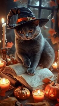 A gray cat in a witch's hat sits on a book surrounded by candles.