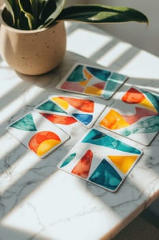 Rectangular stickers featuring vibrant abstract art arranged in a spiral on a white marble table. the bright lighting enhances the vivid colors and intricate patterns, offering a dynamic and artistic flair for creative uses.