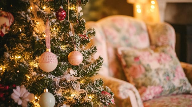Christmas, holiday decor and country cottage style, cosy atmosphere, decorated Christmas tree in the English countryside house living room with fireplace, interior decoration idea
