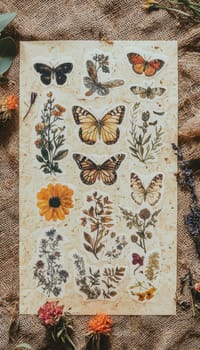 A sticker sheet featuring eco-friendly botanical and insect designs, highlighted on a kraft paper background. surrounded by natural elements and earthy tones, the scene radiates a sustainable aesthetic, ideal for environmentally conscious themes.