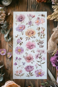 Pastel floral stickers arranged on a rustic wooden surface surrounded by vintage props. the composition offers a timeless and elegant aesthetic, perfect for enhancing design projects, crafts, or personalized decorations.