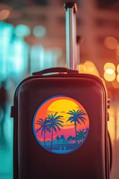 Glossy luggage tag featuring a vibrant circular sticker with a tropical sunset illustration. set against an airport background, this image evokes travel and vacation themes perfect for design use in print, card, or poster projects.