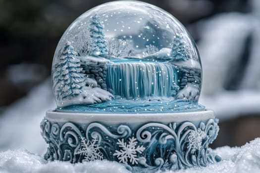 Snow globe featuring a breathtaking winter scene with a frozen waterfall cascading into a snowy river. surrounded by snow-covered trees and glittering snowflakes, the intricately carved base enhances the enchanting atmosphere.