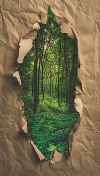 Kraft paper with a vertical tear unveils a vibrant, lush forest scene, symbolizing eco-friendliness and nature's resilience. ideal for promoting sustainability, environmental awareness, or green branding concepts in design.
