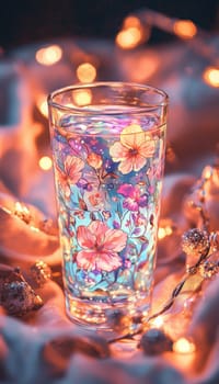 Whimsical art on a glass tumbler featuring pastel colors and soft lighting creates a cozy, aesthetic atmosphere. surrounded by decorative elements, the scene evokes warmth and charm, perfect for design inspiration and holiday cheer.