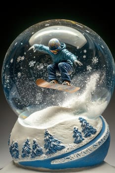Snow globe featuring a snowboarder mid-jump on a snowy mountain surrounded by swirling snowflakes. the dynamic base design includes a snow trail pattern, capturing the essence of winter sports and festive holiday decor.