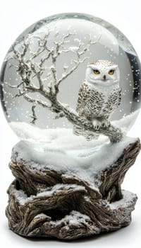 Snow globe features a majestic snowy owl perched on a frosted branch amidst a swirling snowfall. the base mimics rough bark, enhancing the wildlife and winter aesthetic. ideal for home decor or seasonal displays.