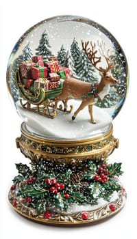 A charming snow globe features a reindeer pulling a sled brimming with colorful gifts through a snowy forest. the ornate base is adorned with holly and berries, combining traditional holiday elements and vibrant designs.