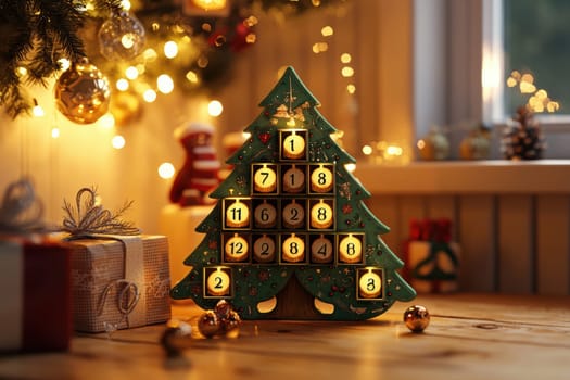 A festive christmas tree-shaped advent calendar adorned with numbered ornaments, each revealing a small surprise. the scene is illuminated by soft fairy lights, creating a warm and cozy holiday atmosphere with wrapped gifts nearby.