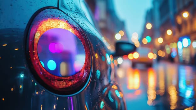 A realistic oval sticker affixed to a car bumper showcasing vibrant colors and weather-resistant quality. the blurred urban street in the background enhances the modern and dynamic feel, ideal for automotive design presentations.