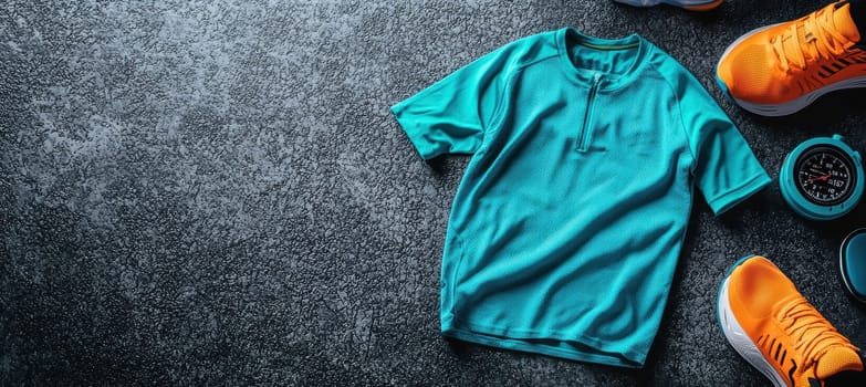 Fitness-themed flat lay featuring a grey running jersey on textured asphalt with red running shoes and a stopwatch. ideal for inspirational sports design and promoting an active and healthy lifestyle through athletic visuals.