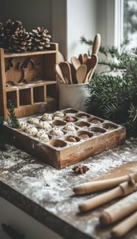 A festive advent calendar tailored for bakers offers holiday recipes and miniature cookie cutters in each compartment. it's set amidst flour-dusted surfaces, fresh dough, rolling pins, and christmas decorations, creating a cozy kitchen ambiance.