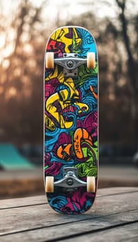 Dynamic graffiti-style sticker mockup showcased on a skateboard deck against a blurred skate park backdrop. vibrant colors and urban design elements highlight street culture, perfect for design concepts in posters, prints, or digital media.