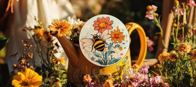 Cartoon bee sticker embellishes a blue watering can in a vibrant garden setting. surrounded by colorful blooming flowers, this cheerful design brings a sense of whimsy and renewal, ideal for garden-inspired decor or print art.