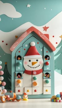A charming snowman-shaped advent calendar stands amidst a vibrant children's playroom. each door of the calendar reveals small toys and candies. the room is decorated for the holiday season, with colorful toys and festive decor enhancing the cheerful atmosphere.