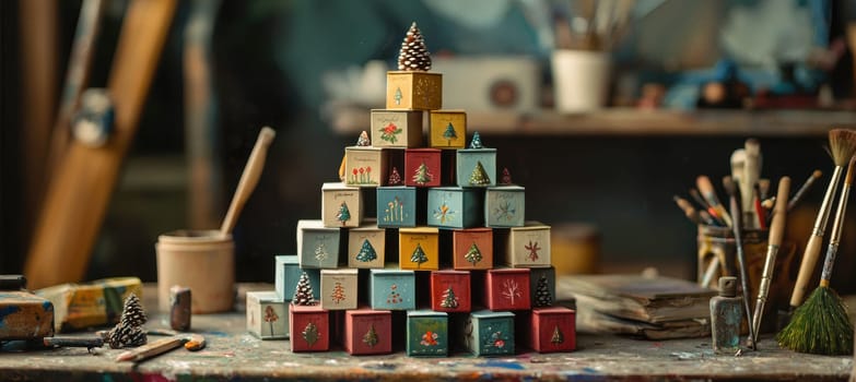 Advent calendar featuring hand-painted boxes stacked in a pyramid, each revealing unique handmade ornaments. surrounded by artist tools and festive decor, it holiday spirit and creative craftsmanship in a cozy setting.