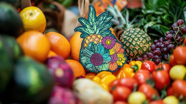 A vibrant die cut sticker with an eco-friendly theme is adhered to a reusable shopping tote, surrounded by fresh produce. the scene highlights sustainability and environmentally-conscious shopping in a bustling natural market.