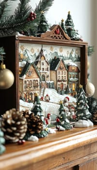 Vintage advent calendar showcasing snowy villages and festive scenes, accented with nostalgic holiday decorations. displayed on a wooden mantlepiece, the calendar evokes classic christmas warmth. perfect for holiday-themed design purposes.