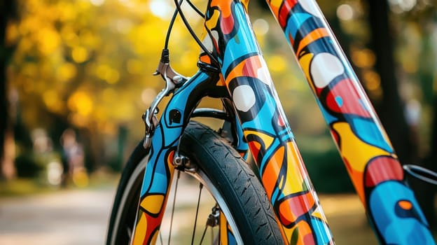 Colorful vinyl sticker on a bicycle frame, showcased outdoors with a blurred park in the background. the bright, dynamic design contrasts with the natural surroundings, offering a modern and artistic visual appeal.