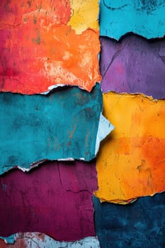 Layered torn paper in bold primary colors creates a dynamic abstract art piece. textured edges and subtle shadow enhance the composition, ideal for use in modern artistic advertisements and design projects.