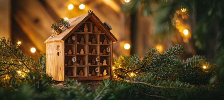 A charming rustic wooden advent calendar featuring tiny doors and compartments. it is set against a backdrop of natural pine branches, decorated with pinecones and illuminated by warm holiday lights, creating a cozy festive atmosphere.