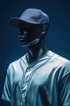 Mannequin wearing a branded baseball jersey stands in a professional studio setting. soft ambient lighting and a clean gradient background highlight logo placement on the jersey, creating an ideal setup for showcasing sports apparel.