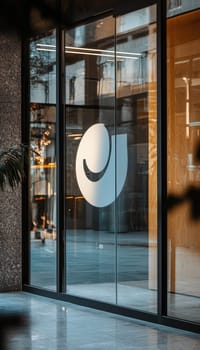 Modern sticker featuring a company logo on a glass storefront door in an urban environment, illustrating transparency and quality adhesion. the scene reflects professional branding and sleek architectural design.