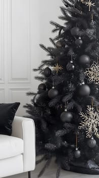 A stylish black Christmas tree adorned with gold decorations.