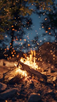 A vibrant campfire with glowing embers in a natural setting.
