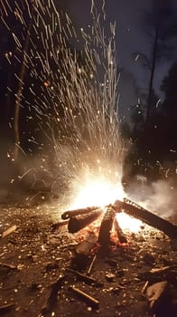 A vibrant campfire sparks at night, illuminating the surrounding area.